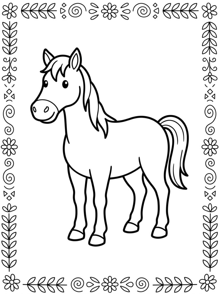 Paard in omlijsting van bloemen en bladeren