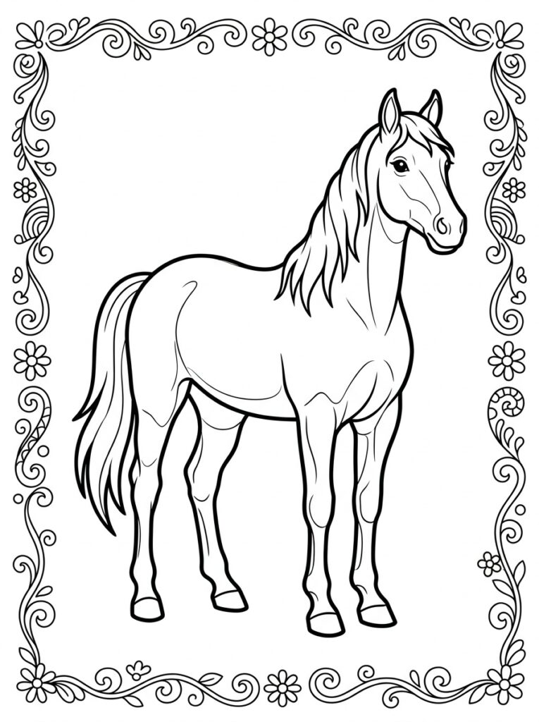 Paard in ornamentele lijst met bloemen en krullen