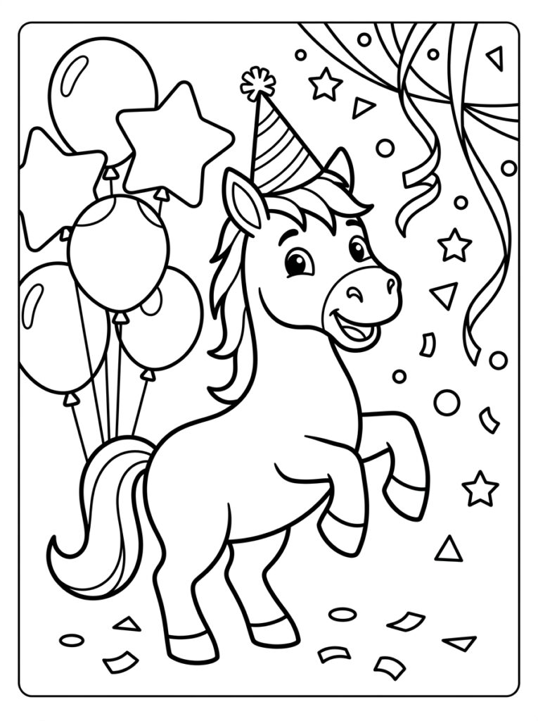 Paard met feestmuts bij ballonnen en slingers