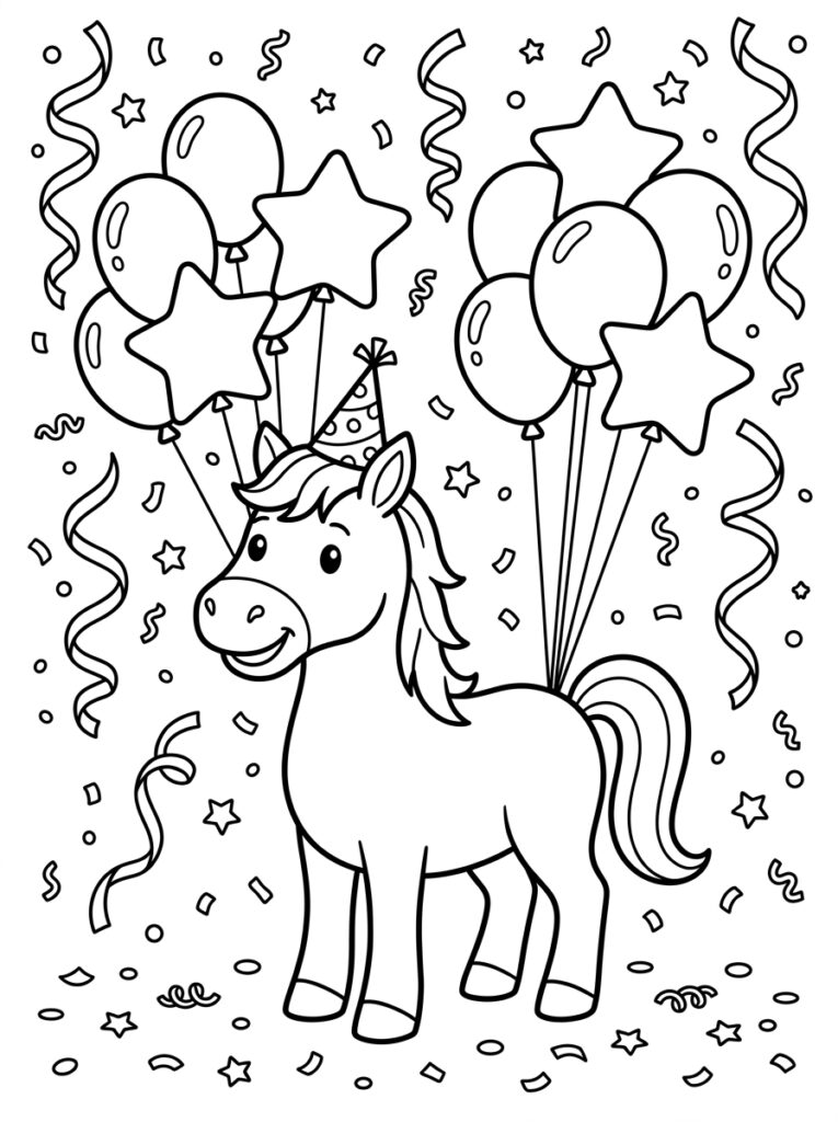 Paard met feestmuts en sterrenballonnen met slingers