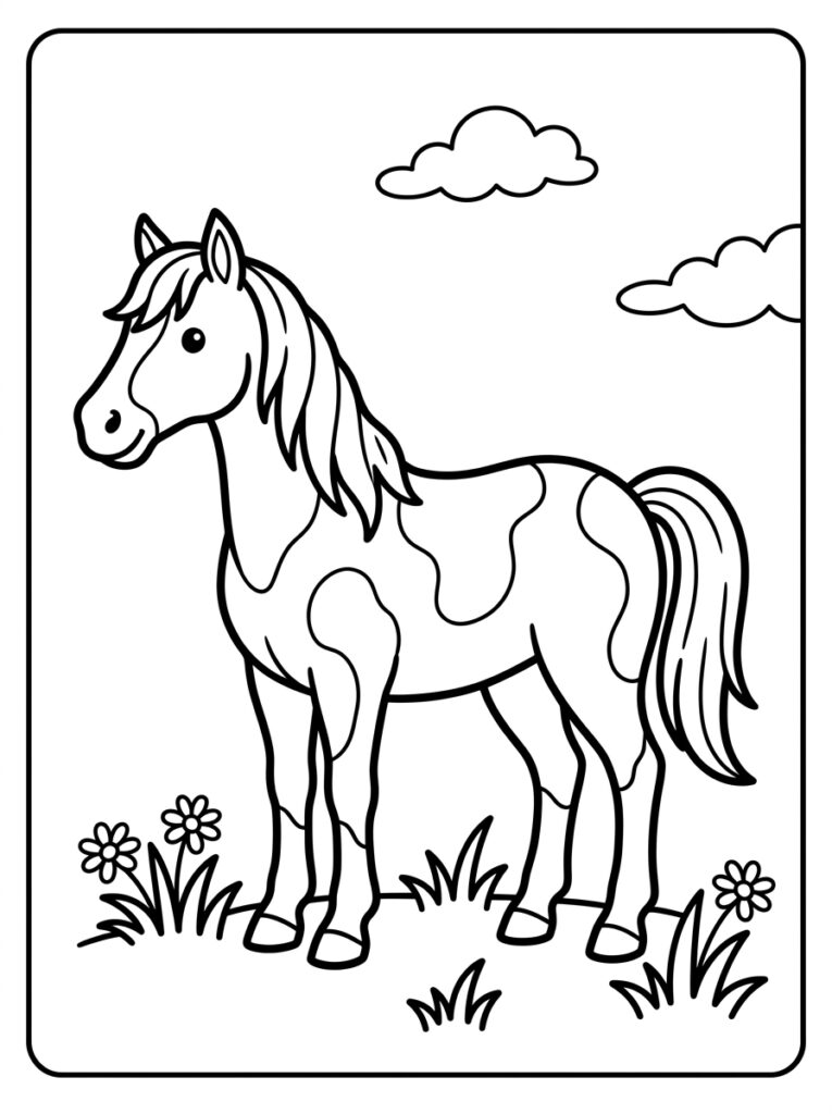 Paard met vlekken in gras met bloemen en wolken