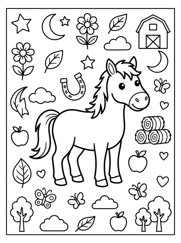 Paard met hoevenijzer appels schuur en bloemen