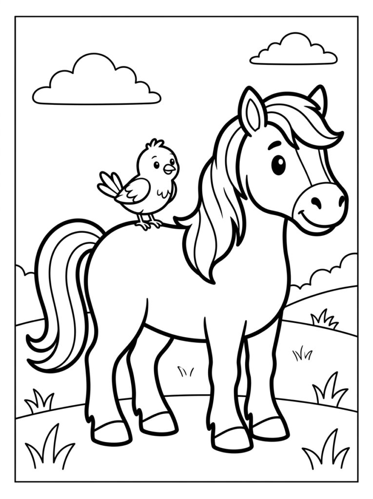 Paard met vogel op zijn rug