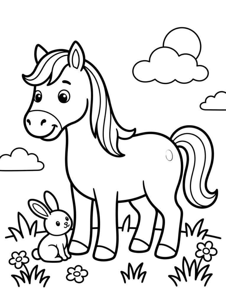 Paard met konijn bloemen en wolken