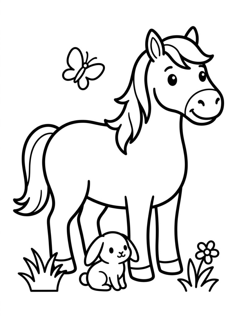 Paard met konijn vlinder en bloem