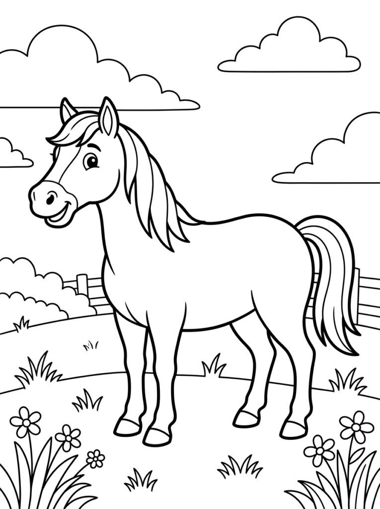 Paard in weiland met hek en bloemen