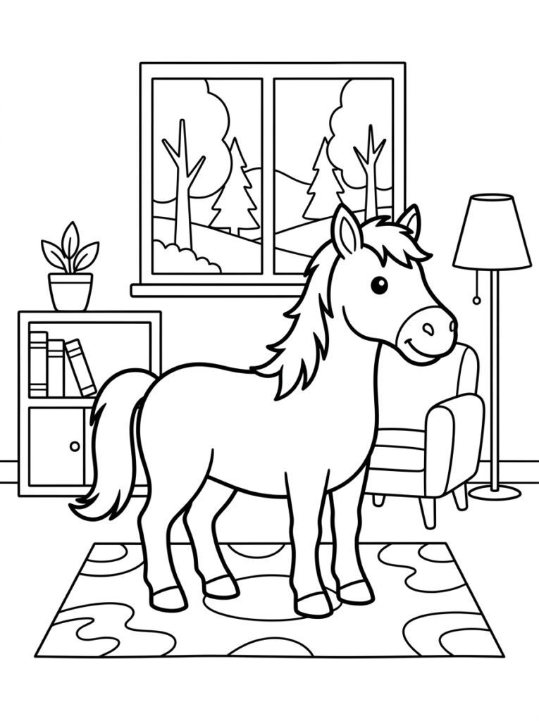 Paard op tapijt in kamer met raam