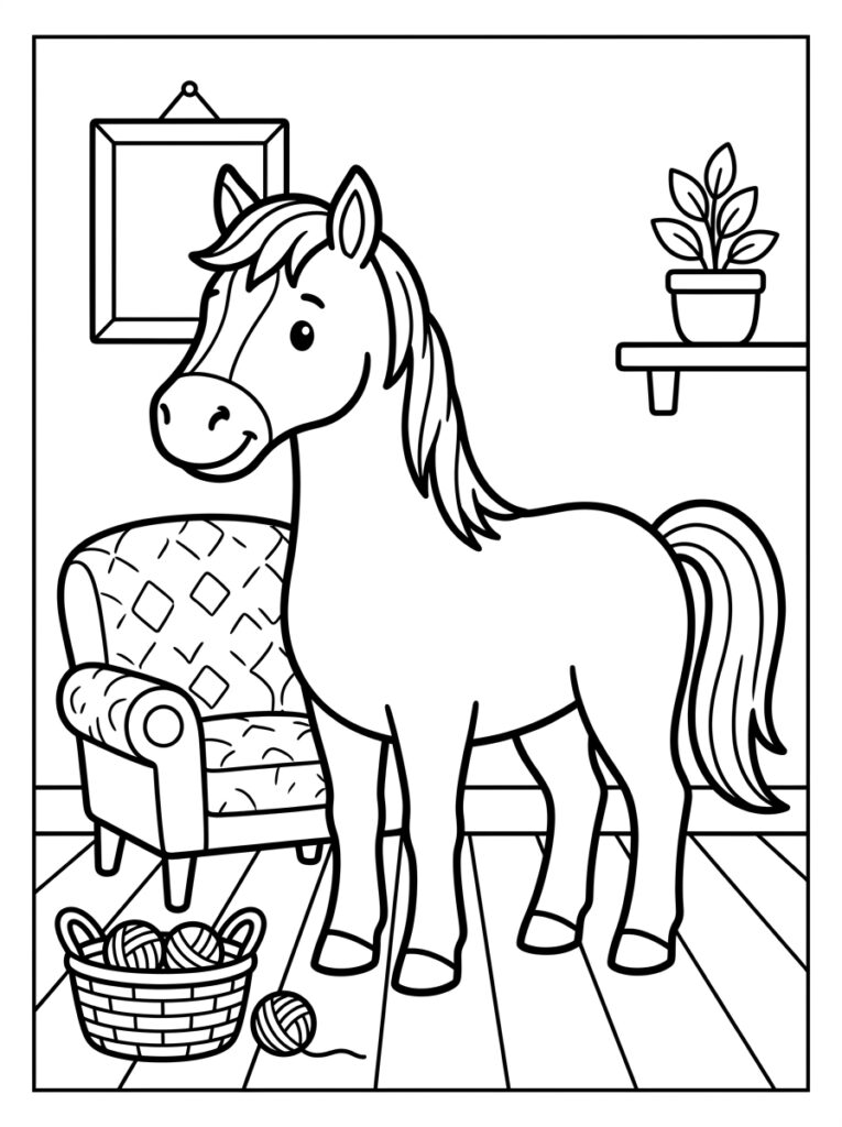 Paard naast fauteuil en mand met wol