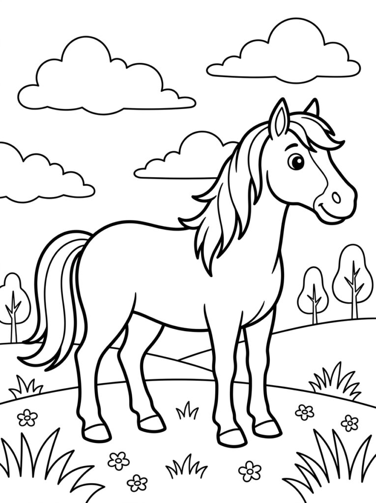 Paard in grasland met bloemen en wolken