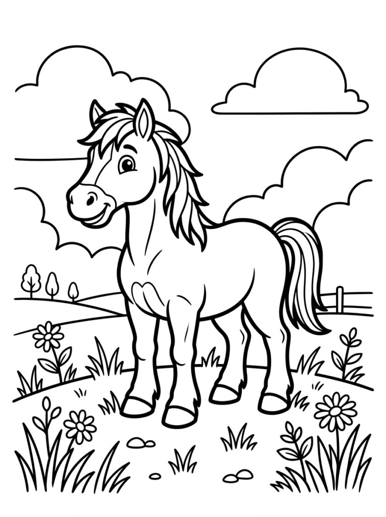 Paard in weide met bloemen en hek