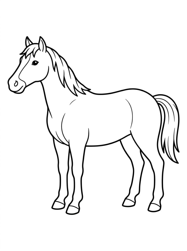 Staand paard met manen en staart in profiel