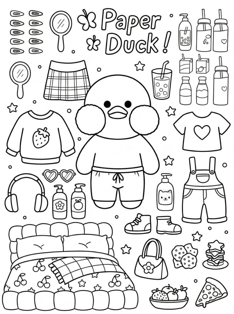 Paper Duck met aardbeitrui, koptelefoon en laarzen