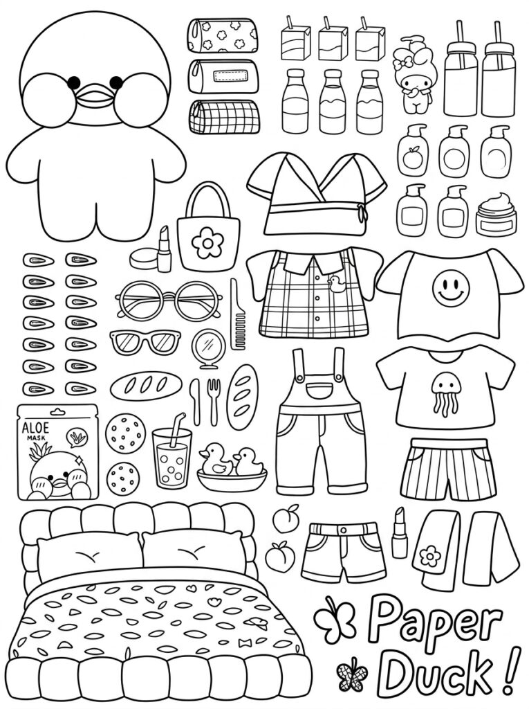 Paper Duck met smiley shirt, overall en bed