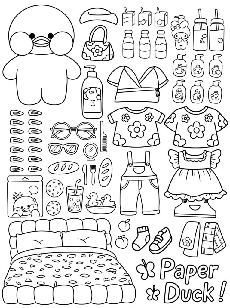 Paper Duck naast bed met kleding tassen en eendjes