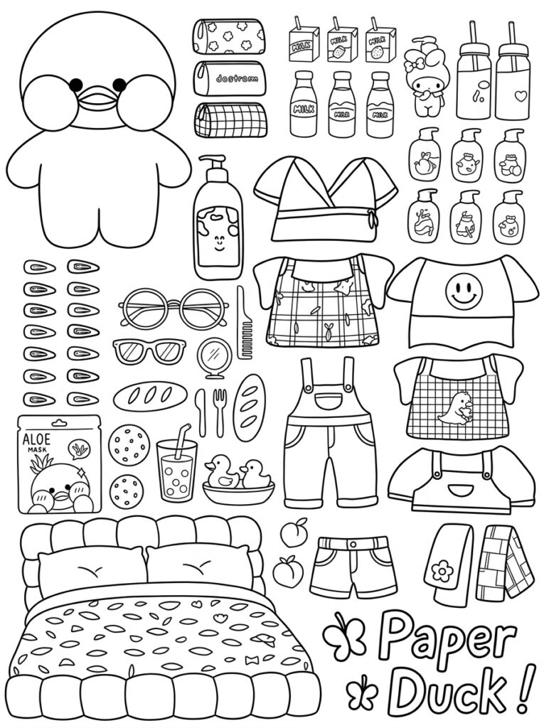 Paper Duck met plaid rok smiley shirt en bed