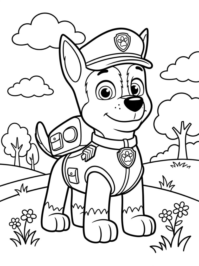 Chase staat in uniform tussen bomen en bloemen