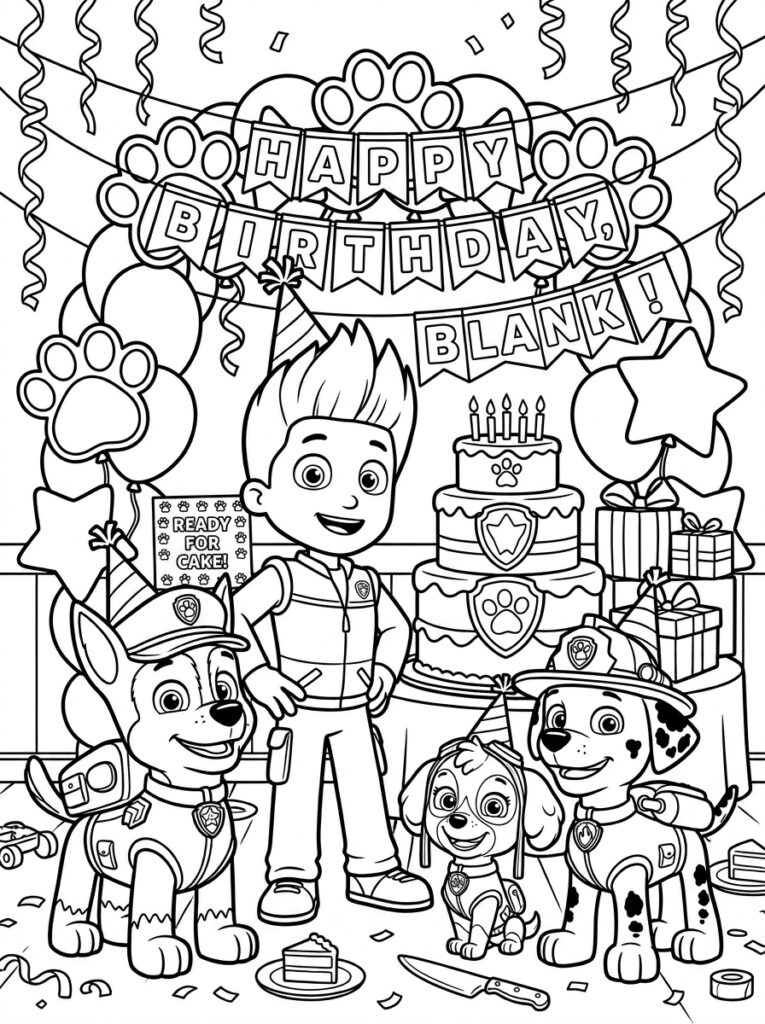 Ryder Chase Marshall en Skye met ballonnen en cadeaus