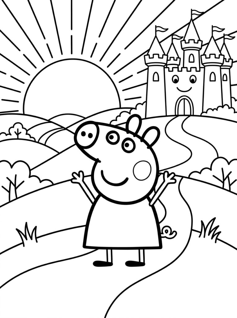Peppa Pig met armen omhoog voor kasteel en zon