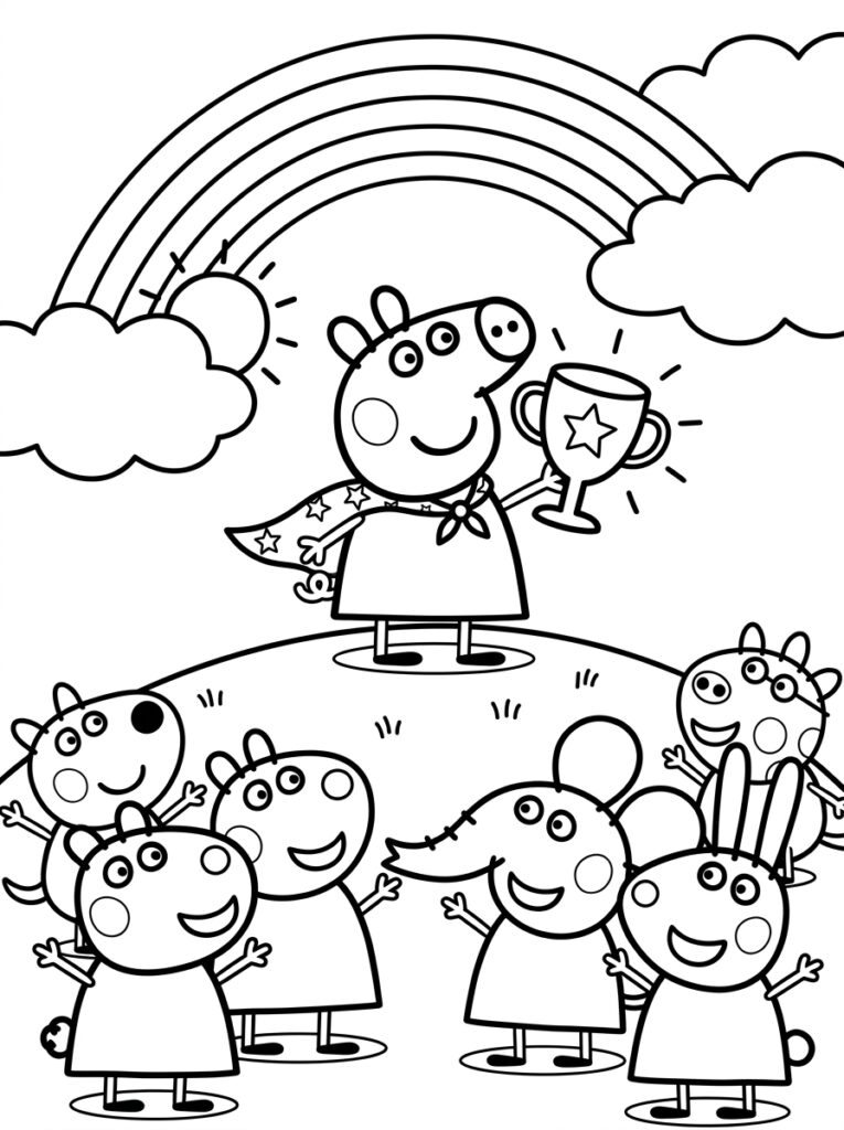 Peppa Pig met trofee en cape onder regenboog