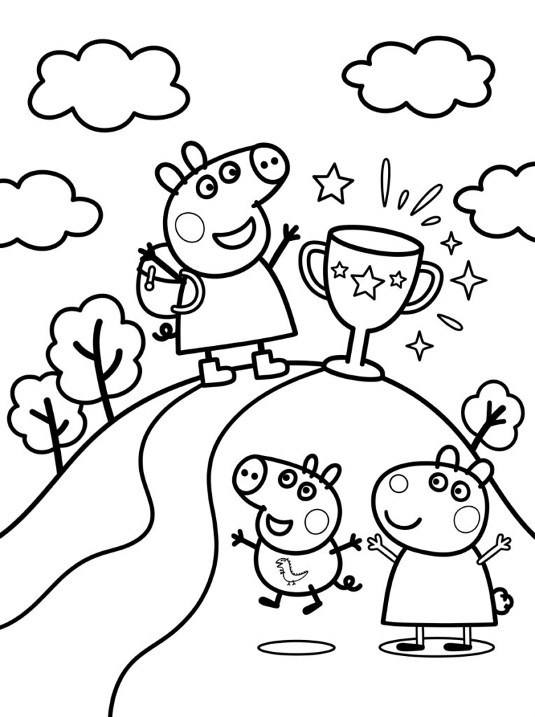 Peppa Pig bij trofee op heuvel met sterren