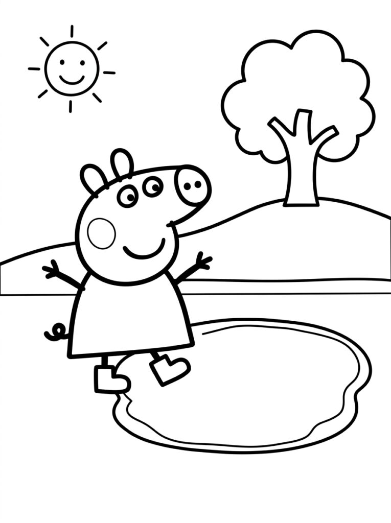 Peppa Pig springt in modderplas naast boom