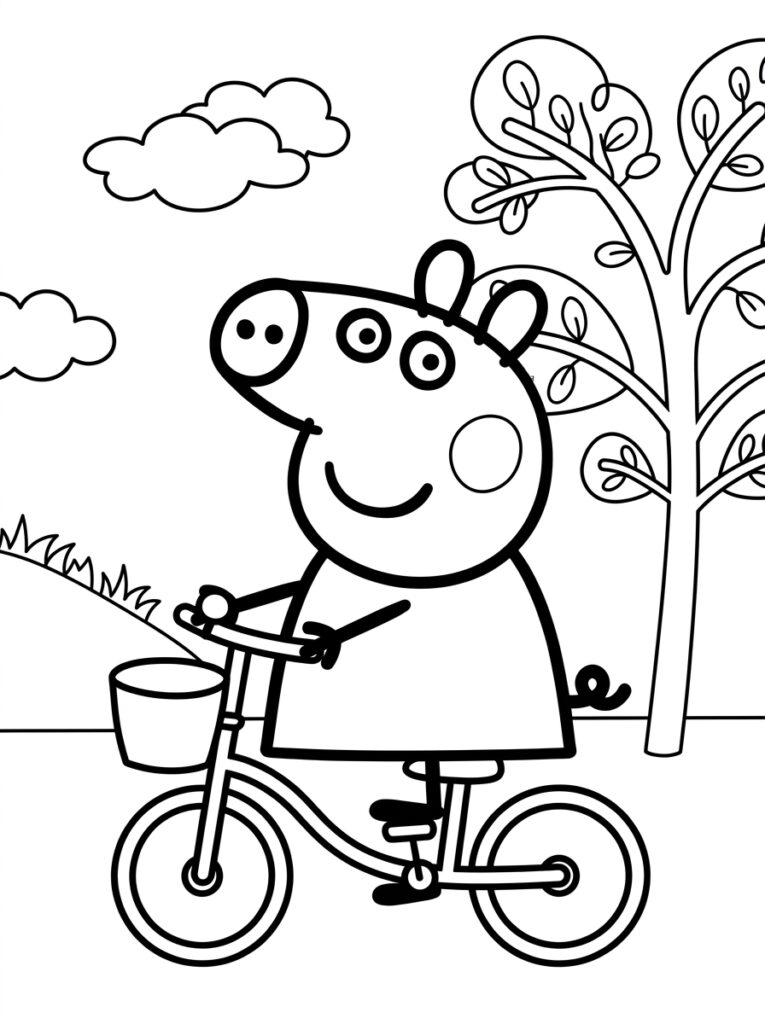 Peppa Pig rijdt op fiets langs bomen en wolken