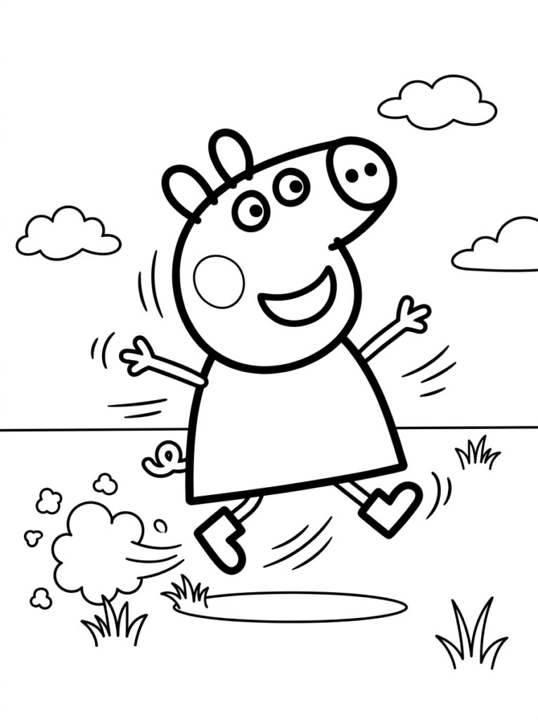 Peppa Pig springt over een modderplas