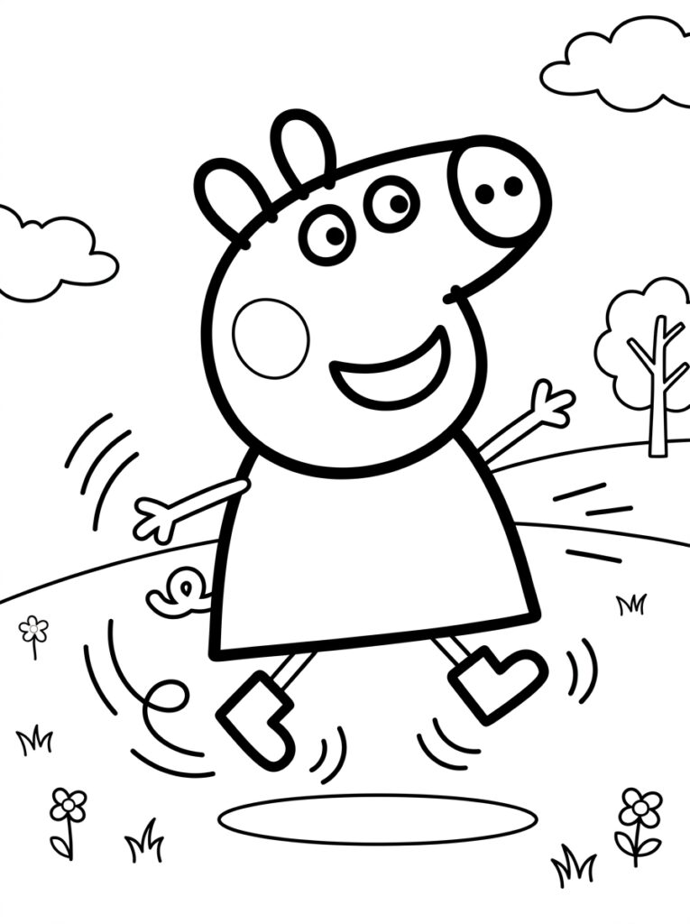 Peppa Pig springt tussen bloemen en gras