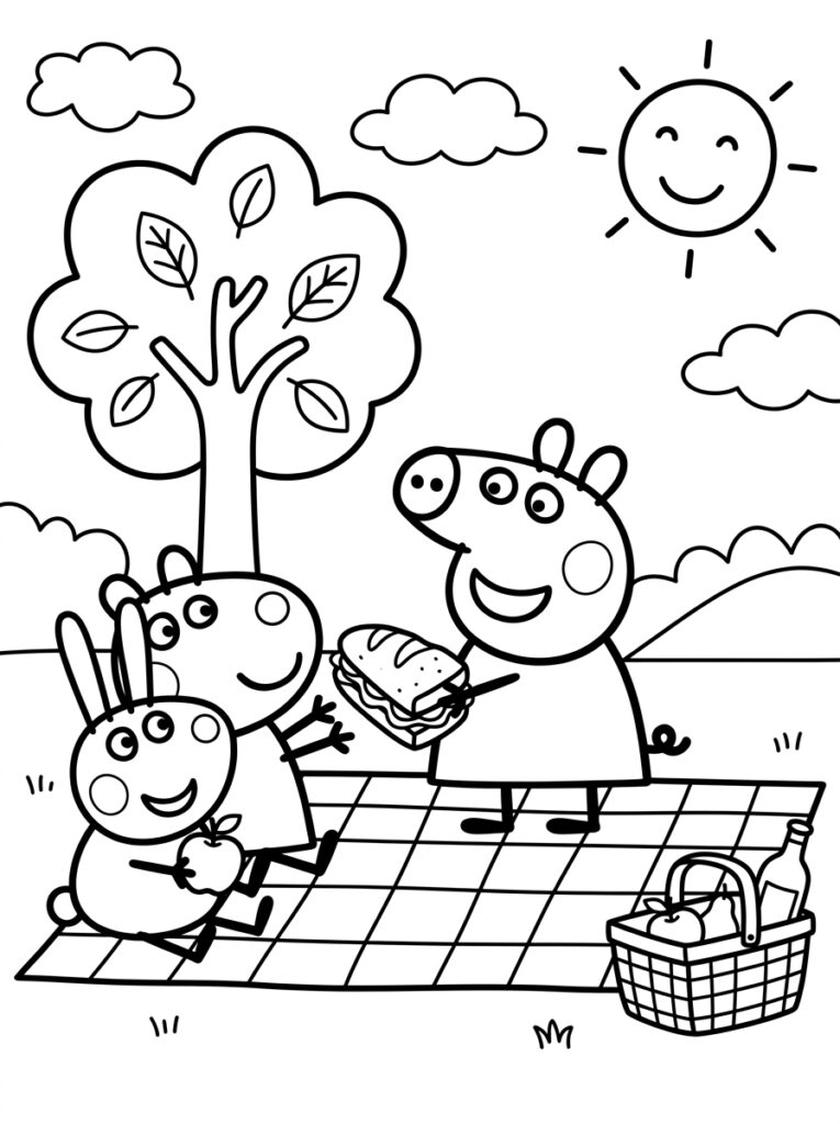 Peppa Pig houdt broodje vast op picknickdeken