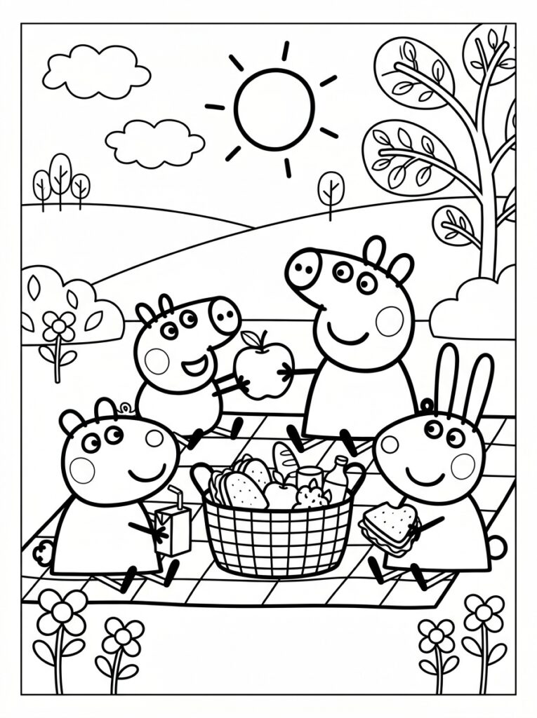 Peppa Pig en vrienden rondom picknickmand met eten