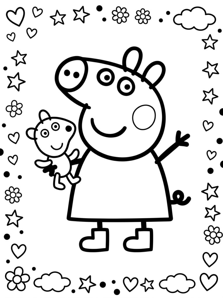 Peppa Pig houdt klein varkentje vast en zwaait
