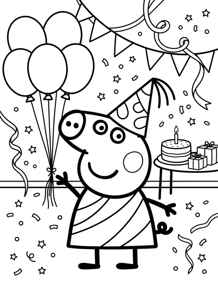 Peppa Pig met feestmuts houdt bos ballonnen vast