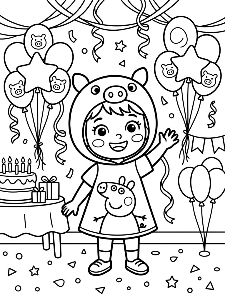 Meisje in Peppa Pig pak zwaait op feest