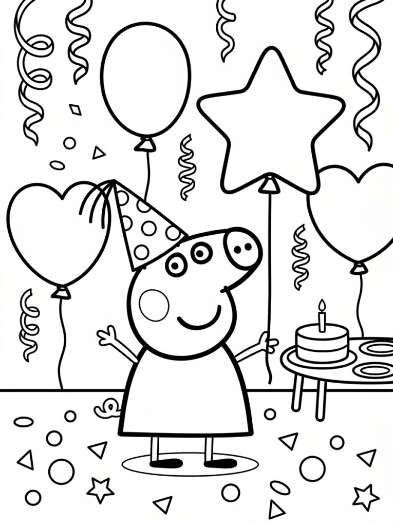 Peppa Pig met feestmuts en ballonnen bij taart
