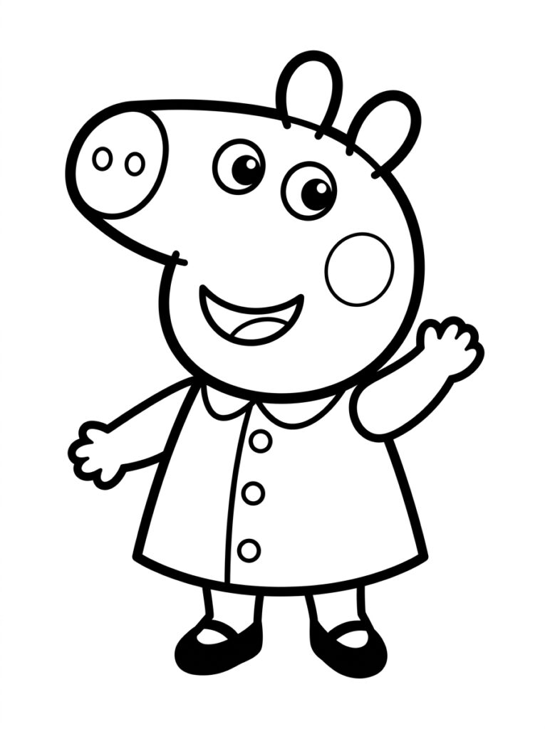 Peppa Pig zwaait lachend in jurk met knopen