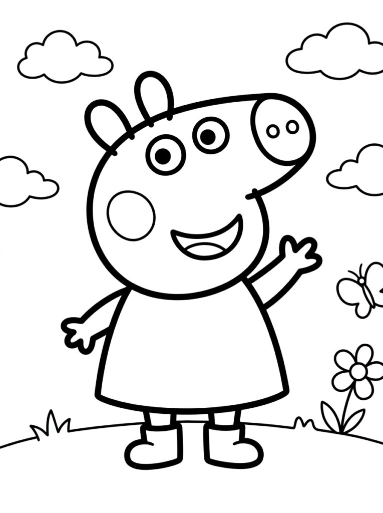 Peppa Pig zwaait bij vlinder bloem en wolken