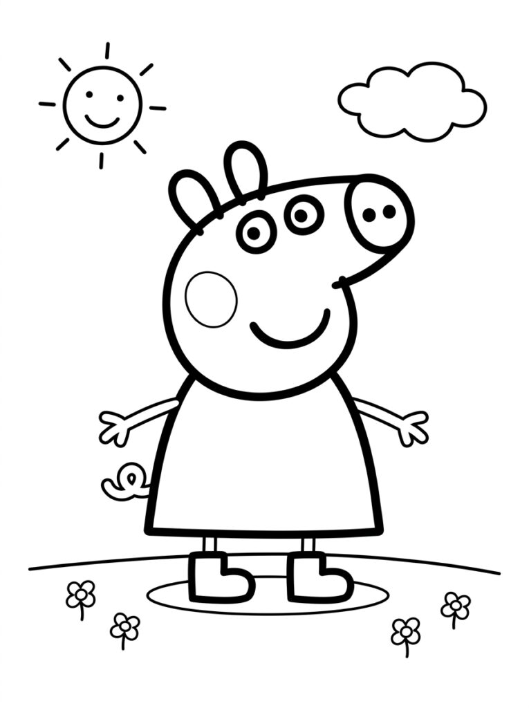 Peppa Pig met armen wijd onder lachende zon