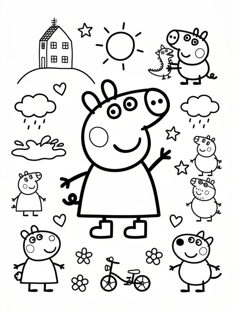 Peppa Pig omringd door varkens huis en zon