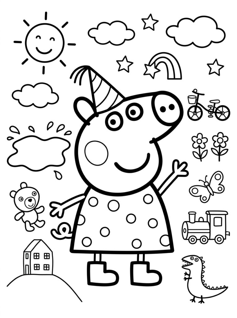 Peppa Pig met feestmuts bij beer trein en vlinder