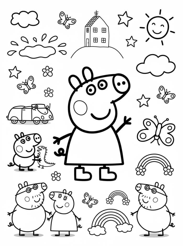 Peppa Pig met familie auto vlinders en regenbogen