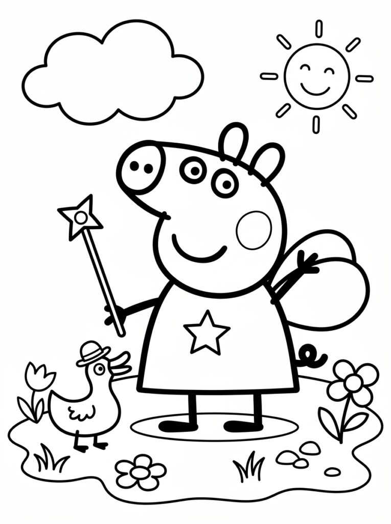 Peppa Pig met vleugels en toverstaf bij eend