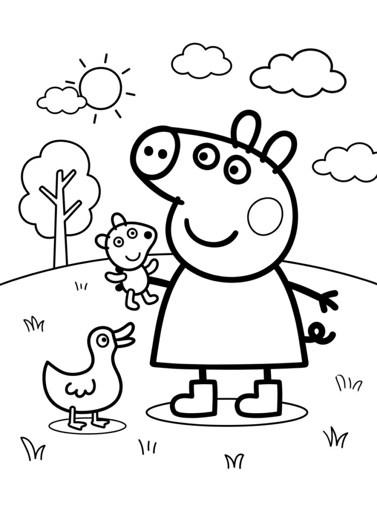 Peppa Pig staat bij eend en springend katje
