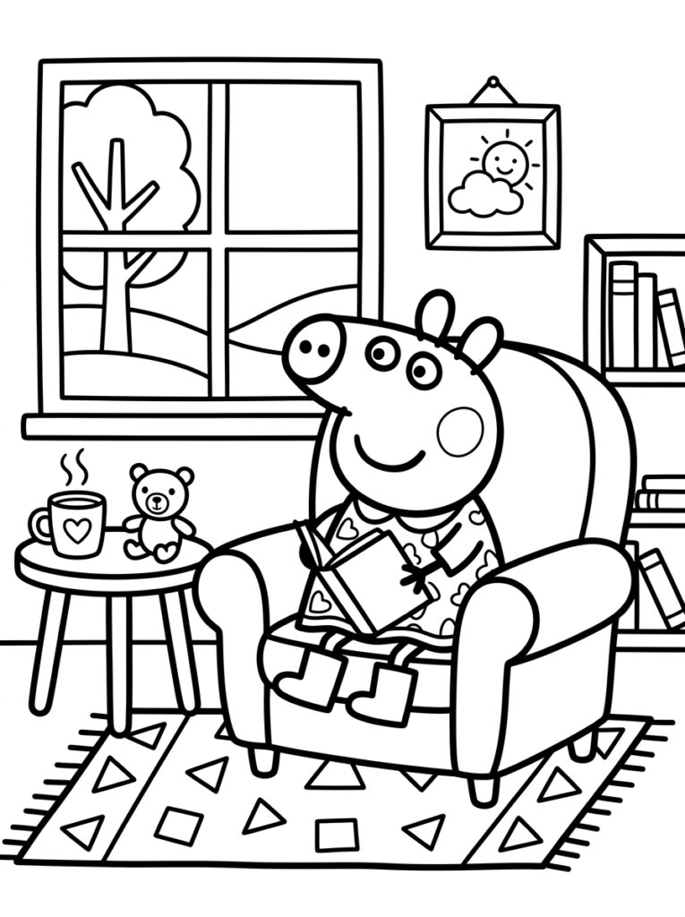Peppa Pig leest boek in fauteuil naast teddybeer