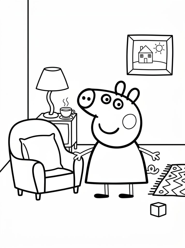 Peppa Pig staat naast fauteuil met lamp en kop