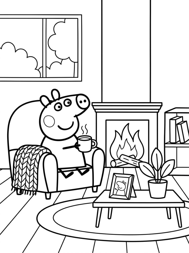 Peppa Pig zit met mok in stoel bij haard