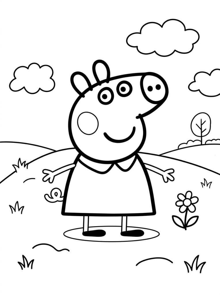 Peppa Pig met armen wijd bij slak en bloem