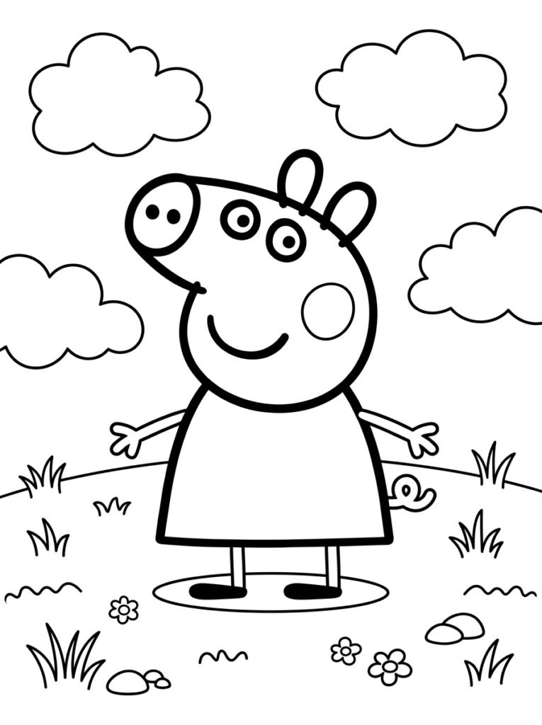 Peppa Pig met armen wijd tussen wolken en bloemen