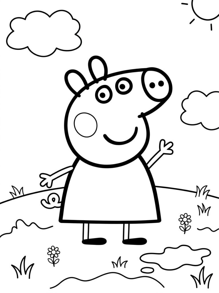 Peppa Pig zwaait naar zon met bloem en slak