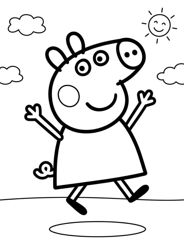 Peppa Pig springt onder lachende zon met wolken