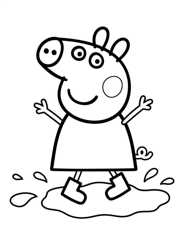 Peppa Pig staat met gespreide armen in plas